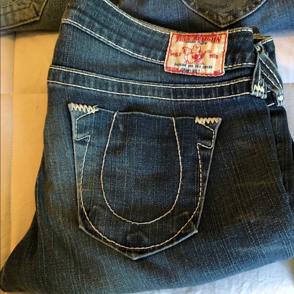 True Religion Women's Indigo Straight Leg Jeans with Contrast Stitching